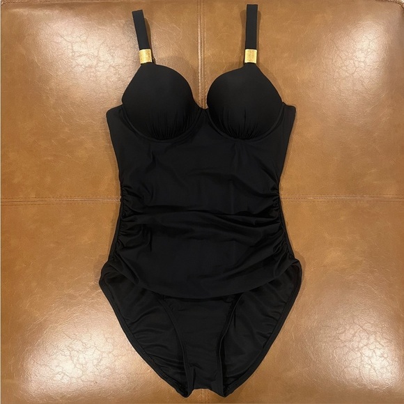 SPANX Black Let's Go Slimming Riveting Ruched One Piece Swimsuit Size 10 B/C - Picture 2 of 12